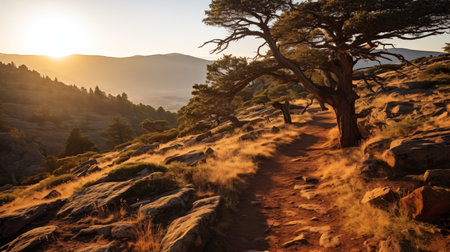 Edge of Wonder: Sunlight Paints the Path, Juniper Sentinels Guard a Winding Trail's Majesty. AI-generatedの素材
