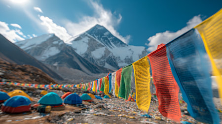 Hope Takes Flight: Detailing Prayer Flags & Summit Dreams at Everest Base Camp. AI-generatedの素材