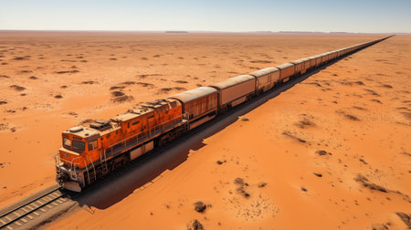 Desert Lifeline: Iron Ore Train Winds Through Mauritanian Landscape. AI-generatedの素材