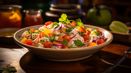 Galapagos Gem: Canchalagua Ceviche, a Seafood Tapestry of Tangy Flavors & Textures. AI-generatedの素材