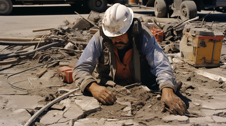 Moment of Reflection: Helmeted Worker Pauses, Tools Scattered, Story Untold. AI-generatedの素材