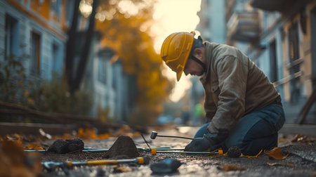 Grit & Determination: Worker Takes a Breather, Tools Speak of Labor's Intensity. AI-generatedの素材
