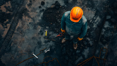 A Symphony of Steel: Tools Scattered, Worker Stands Tall, Representing a Job's Journey. AI-generatedの素材