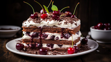 From the Black Forest: Classic Cake Layers Drizzle with Cherry Sweetness. AI-generatedの素材