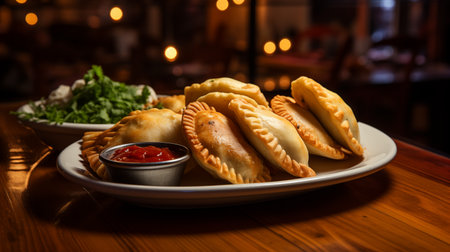 Traditional empanadas with tomato sauce on a wooden table in a restaurantの素材