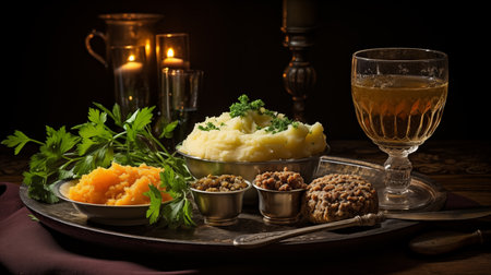 From the Highlands: Haggis with Neeps & Tatties, a Traditional Scottish Feast. AI-generatedの素材