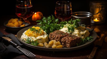 Textures of Tradition: Haggis, Neeps & Tatties, a Scottish Delight for the Senses. AI-generatedの素材