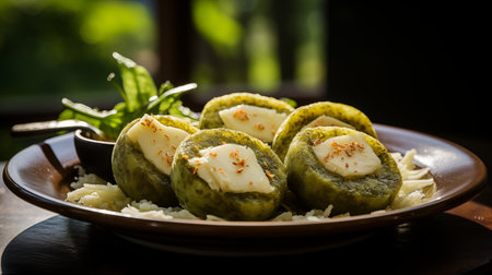 Ecuadorian Comfort: Gooey Cheese Bursts from Crispy Plantain Shell in Bolon de Verde. AI-generatedの素材
