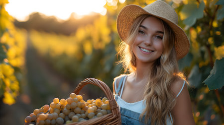 Vineyard Harvest: Golden Light Bathes Lush Vineyard in Seasonal Bounty. AI-generatedの素材