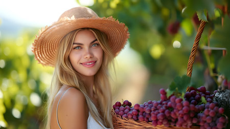 Basket of Bounty: Ripe Grapes Gathered Under Sunny Skies. AI-generatedの素材