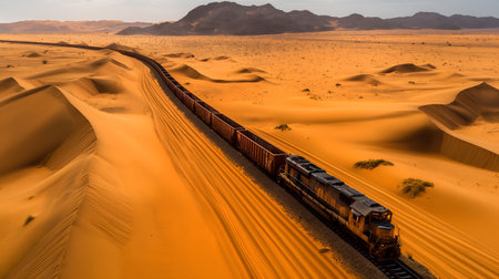 Desert Lifeline: Colossal Train Carries Riches from Mine to Mauritanian Coast. AI-generatedの素材