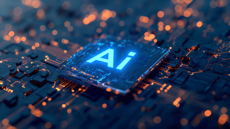 Digital Tapestry: AI Symbol Woven into the Fabric of a Microchip World.  AI-generatedの素材