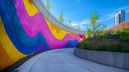 Urban Canvas: A Burst of Color on a City Wall Meets Clear Blue Skies. AI-generatedの素材