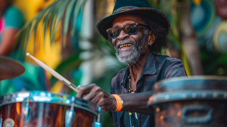 Rhythm Pulse: Drummer Captures the Beat in Candid Stage Moment. AI-generatedの素材