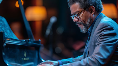 Ivory Embrace: Pianist Lost in Melodies, Captured in Candid Moment. AI-generatedの素材