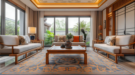 Modern Simplicity: Chinese-Inspired Living Room Bathed in Natural Light.  AI-generatedの素材