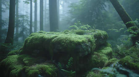 Emerald Embrace: Lush Ferns Unfurl Under the Canopy of an Enigmatic Forest. AI-generatedの素材