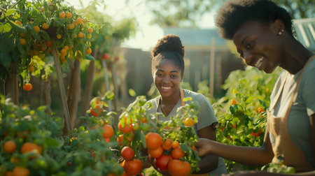 Community Blooms: Diverse Neighbors Harvest Together in a Joyful Garden. AI-generatedの素材