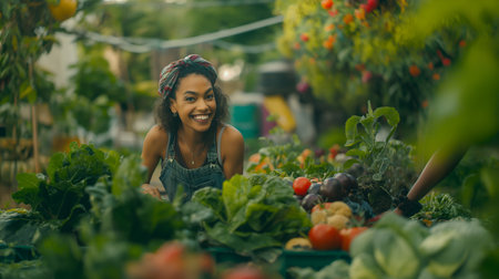 Urban Oasis: Neighbors Share Laughter and Harvest in a Community Garden. AI-generatedの素材