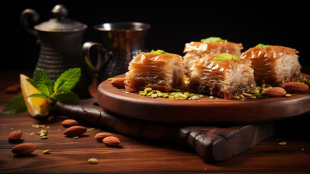 Ramadan Delight: Honeyed Baklava Glistens on a Rustic Wooden Plate. AI-generatedの素材