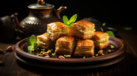 Sumptuous Offering: Baklava's Richness Illuminated in Dark Elegance. AI-generatedの素材