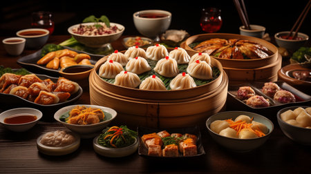 Sharing the Bounty: A Communal Feast of Dim Sum's Culinary Treasures. AI-generatedの素材