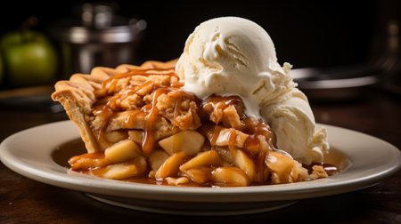 American Icon: Golden Apple Pie with Vanilla Ice Cream Delight. AI-generatedの素材