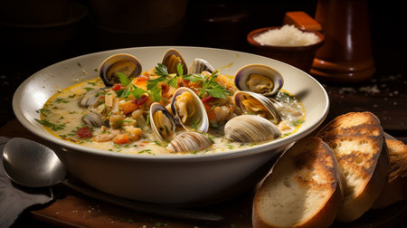 New England Nostalgia: A Steaming Bowl of Clam Chowder - Warmth in Every Bite. AI-generatedの素材