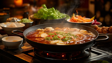 Feasting Together: Hot Pot Broth Bubbles with Laughter & Conversation. AI-generatedの素材