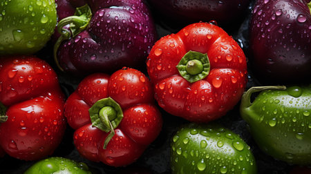 A Seamless Celebration: Green, Red & Purple Tomatoes with Dewdrops. AI-generatedの素材