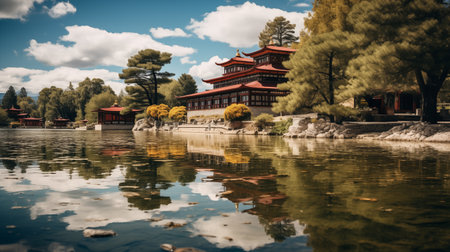 Dalai Lama's Dreamscape: Norbulingka's Reflection - Palace Meets Tranquil Waters. AI-generatedの素材