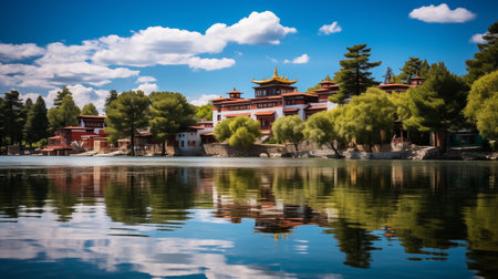 Nature's Embrace: Norbulingka's Reflection - Gardens and Palace Bathed in Still Water. AI-generatedの素材