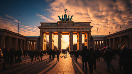 Capture the essence of Berlin in this dramatic shot, where the iconic Brandenburg Gate, a historic sandstone marvel, stands in magnificent contrast against the city's modern skyscrapers. AI-generatedの素材
