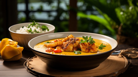 Immerse yourself in the tantalizing flavors of viche de pescado, a creamy corn and fish medley with a peanut base, complemented by the freshness of lemon and the crunchy delight of fried plantains. AI-generatedの素材