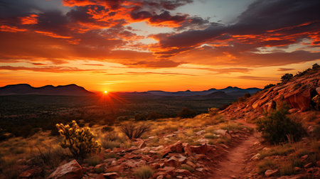 This captivating landscape photograph captures the fiery magic of a Texas sunset in the wild Chihuahua Desert. The untamed landscape ignites with vibrant colors, creating a sense of adventure and exploration. AI-generatedの素材