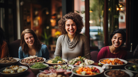 A tapestry of flavors unites neighbors. Sharing plates on a sunny afternoon, they connect over the joy of cultural diversity. AI-generatedの素材