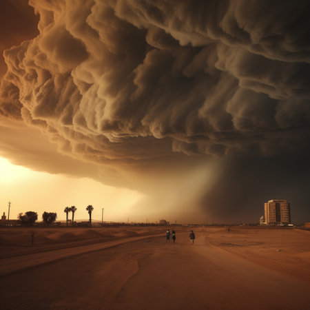 Immerse yourself in the captivating scene of a desert storm making its way towards the iconic landmarks of the cityscape. AI-generatedの素材