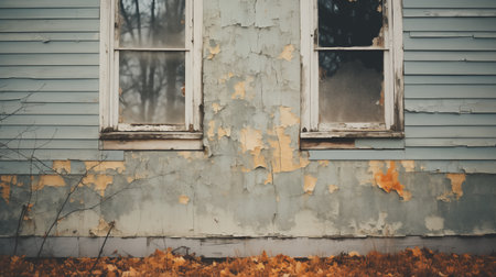 Remnants of a life lived. Peeling paint and shattered glass whisper memories in this muted landscape. AI-generatedの素材