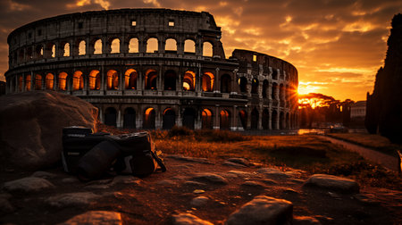 Eternal City Majesty: Colosseum's arches frame the Forum's ruins and Palatine's verdant slopes - a timeless vista. AI-generatedの素材