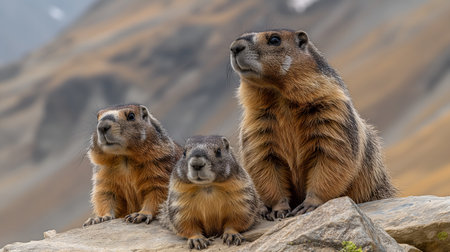 Sunlight bathes a marmot on guard duty, its whistle echoing across the vastness of the mountain range. AI-generatedの素材