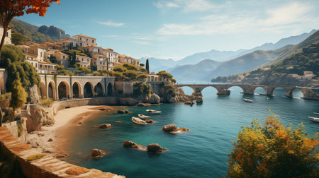 Cliffside dreamscape: Sun-drenched villages in shades of sorbet cling to rugged shores, whispering tales of the Amalfi Coast's allure. AI-generatedの素材