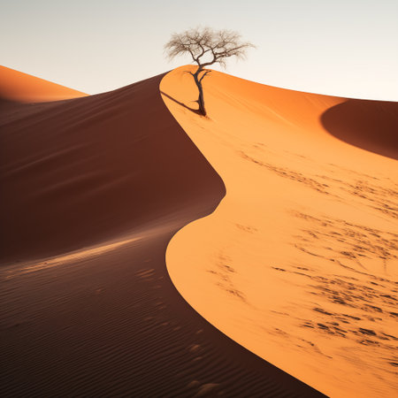 Desert symphony: Play of light and shadow creates a mesmerizing song on arid dunes. AI-generatedの素材