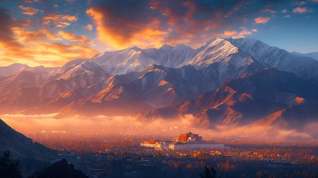 Warm hues illuminate Potala's ancient splendor, contrasting Lhasa's bustling modernity below. AI-generatedの素材