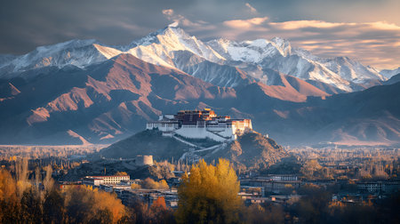 Dalai Lamas' former abode stands majestically as sunrise/sunset paints Lhasa's landscape. AI-generatedの素材
