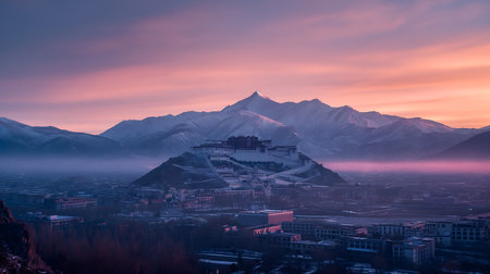 Sacred Potala towers over secular Lhasa, painting a contrast of warm and cold. AI-generatedの素材