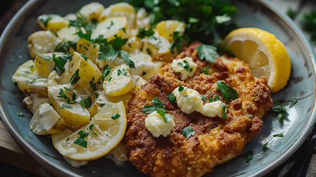 Austrian Allure: Golden Schnitzel with Lemony Zest & Creamy Dream. AI-generatedの素材