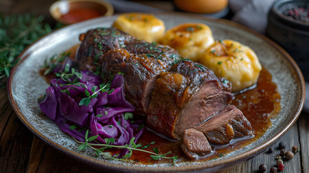 A Rhineland Classic: Unveil Sauerbraten's secrets - melt-in-your-mouth meat bathed in a rich, tangy sauce, alongside vibrant red cabbage and pillowy dumplings. AI-generatedの素材