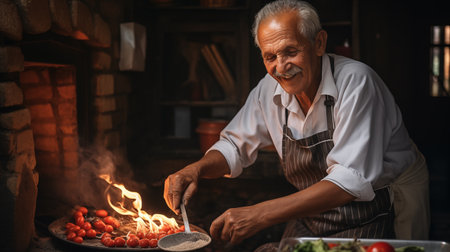 A glimpse into Cypriot culinary magic! A traditional taverna kitchen comes alive as a chef assembles a moussaka. Fresh, local ingredients and the warm glow of the space create an inviting scene that promises a taste of Cypriot tradition.  AI-generatedの素材