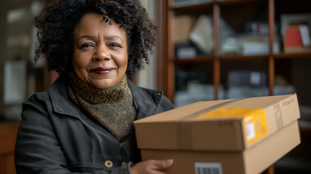 Connecting Colombia to the world: An attractive Colombian woman smiles as she hands a package to a delivery worker. This scene represents the ease of global shipping and international business connection. AI-generatedの素材
