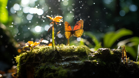 Sunlight dances on a butterfly's wings as it drinks from a mossy forest rock. AI-generatedの素材